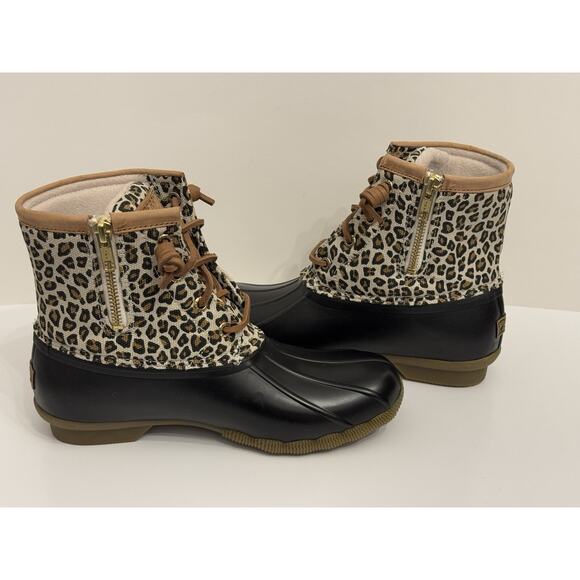 New 6.5 Sperry Women's Saltwater Animal Leopard Print Duck Boots STS8519 - Picture 8 of 13